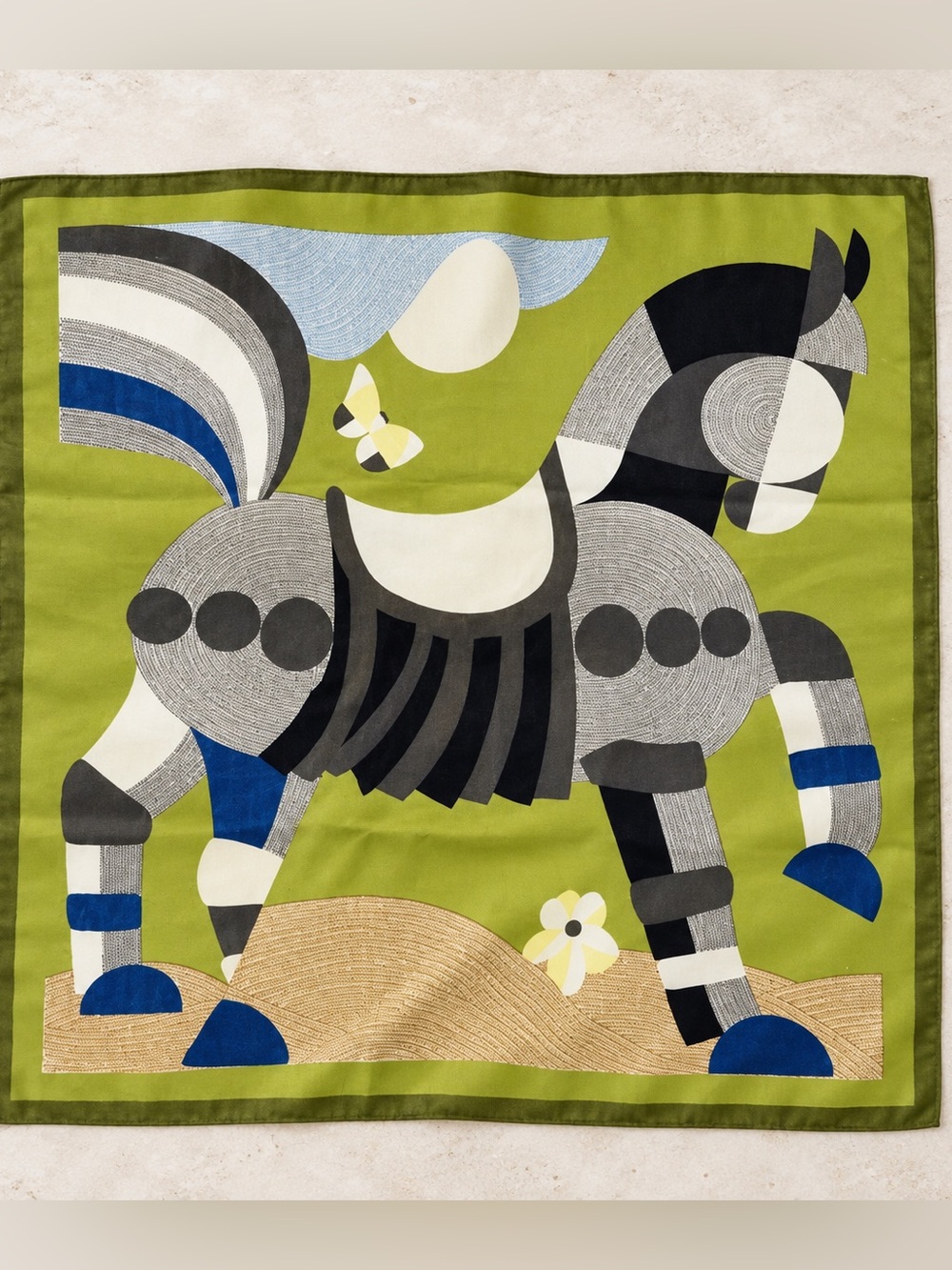 Abstract Horse Print Green Square Scarf - Classic Designer-Inspired 68cm